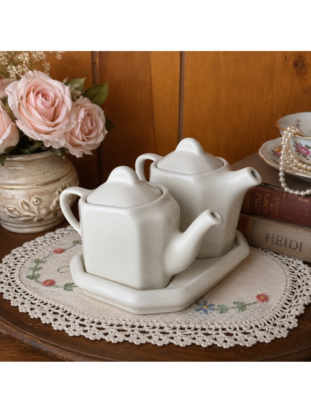 Vintage Hall China Tea For Two Set White Teapot Hot Water Pot Tray 185 186 188
